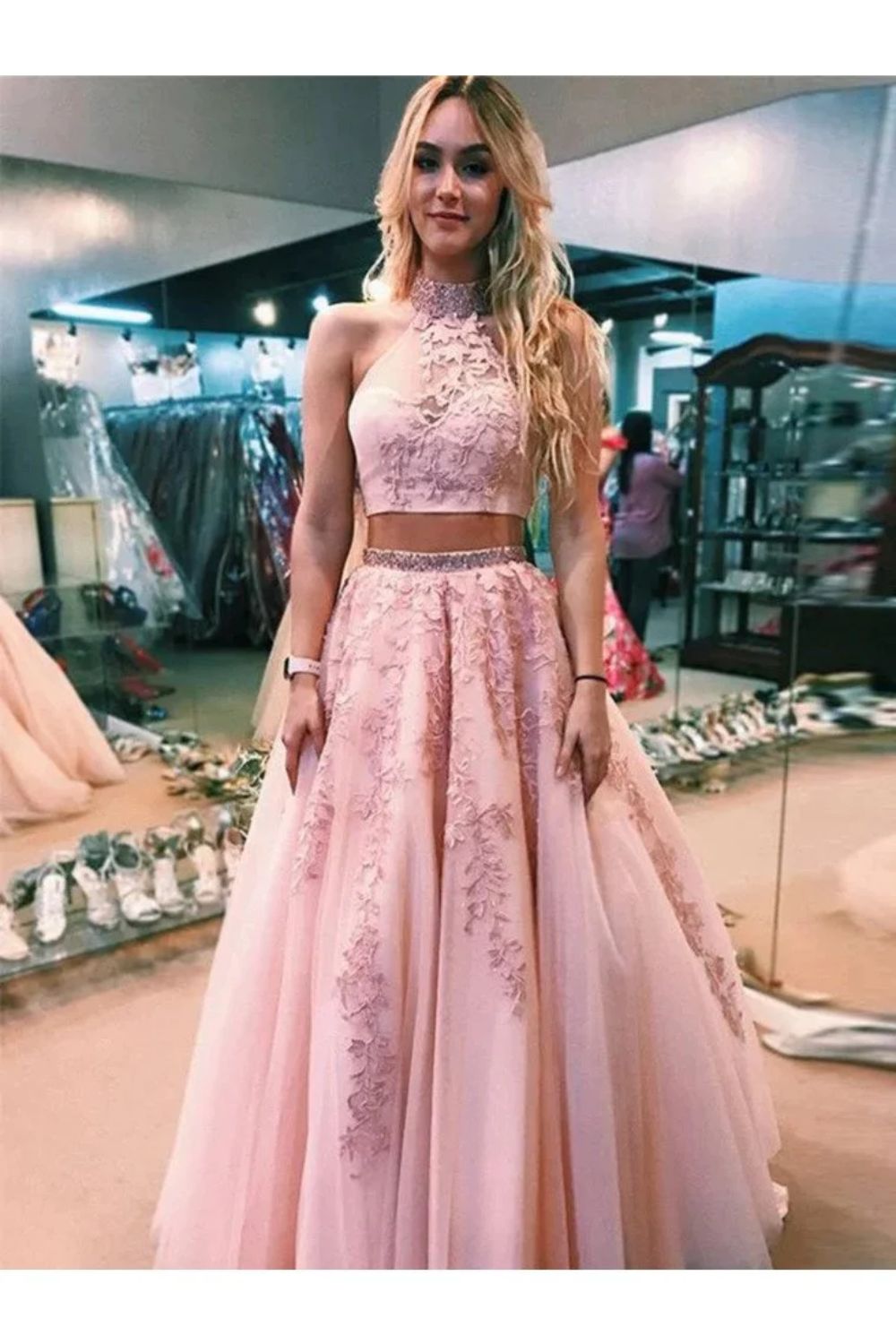 dressimeA Line Two Pieces High Neck Tulle Long Prom Dress With Beaded & Appliques