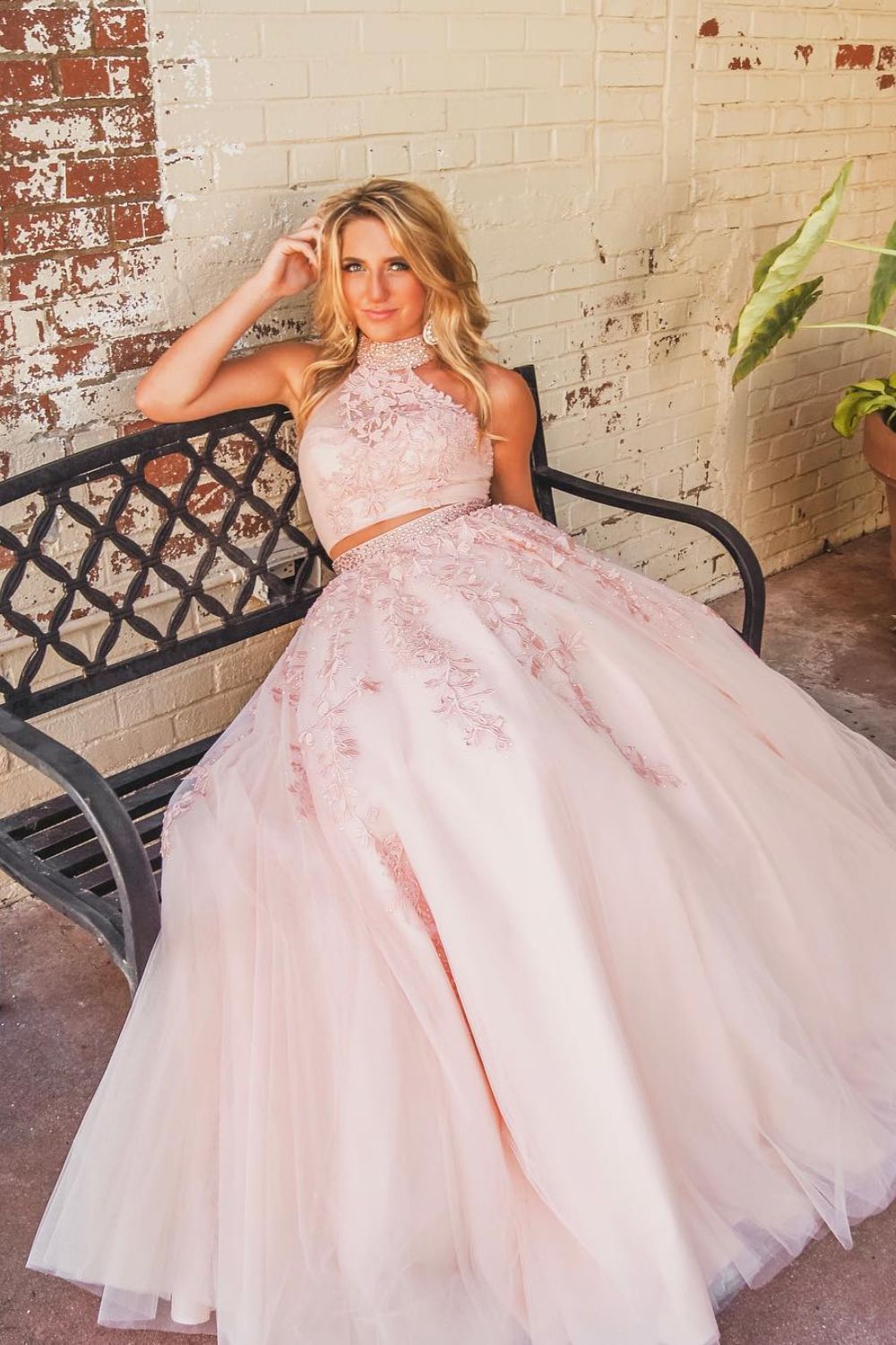 dressimeA Line Two Pieces High Neck Tulle Long Prom Dress With Beaded & Appliques