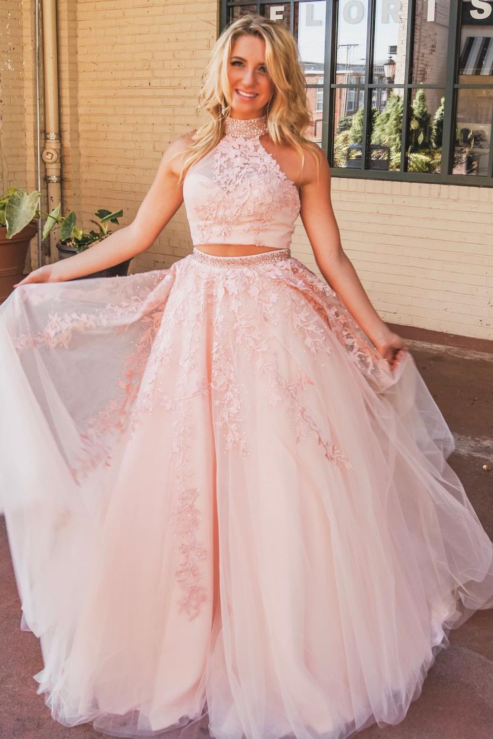 dressimeA Line Two Pieces High Neck Tulle Long Prom Dress With Beaded & Appliques