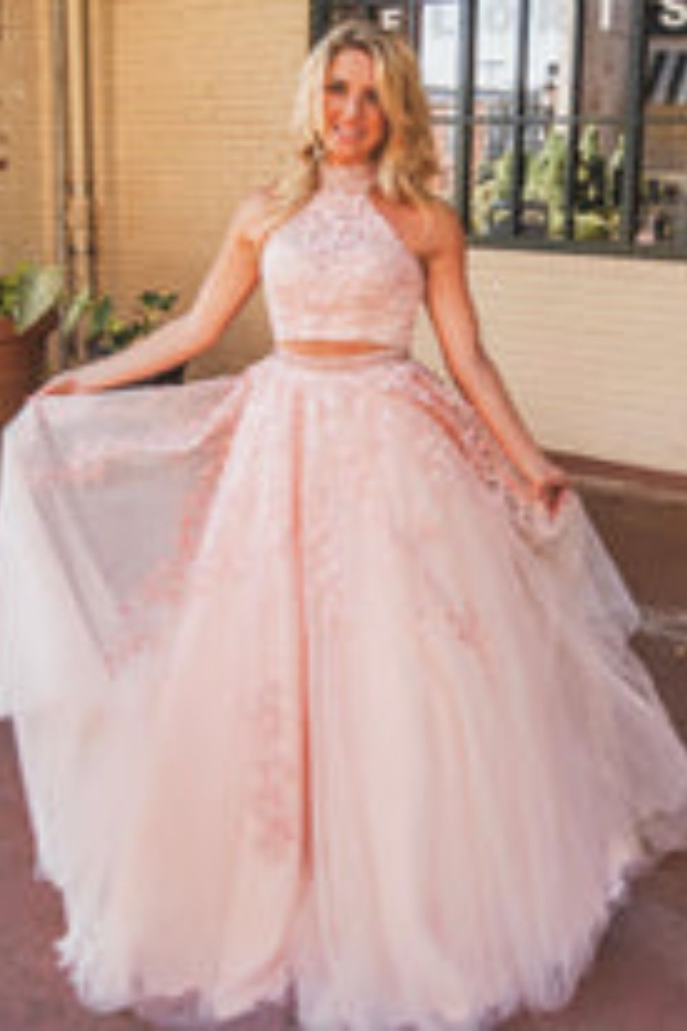 dressimeA Line Two Pieces High Neck Tulle Long Prom Dress With Beaded & Appliques