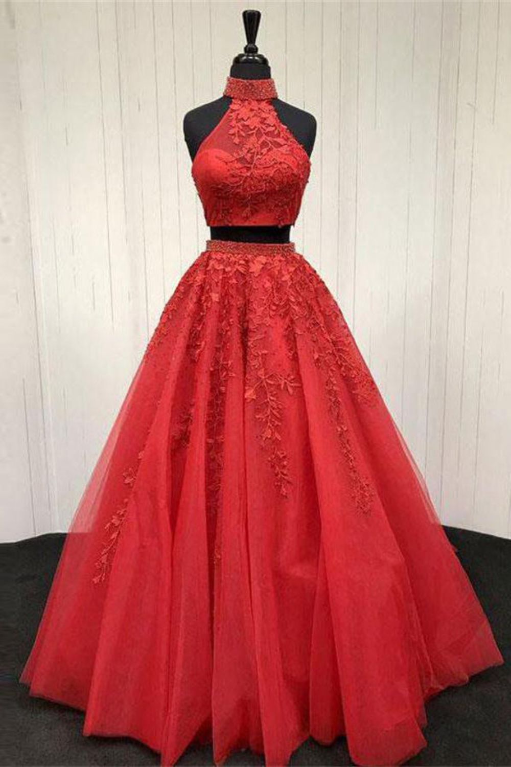 dressimeA Line Two Pieces High Neck Tulle Long Prom Dress With Beaded & Appliques