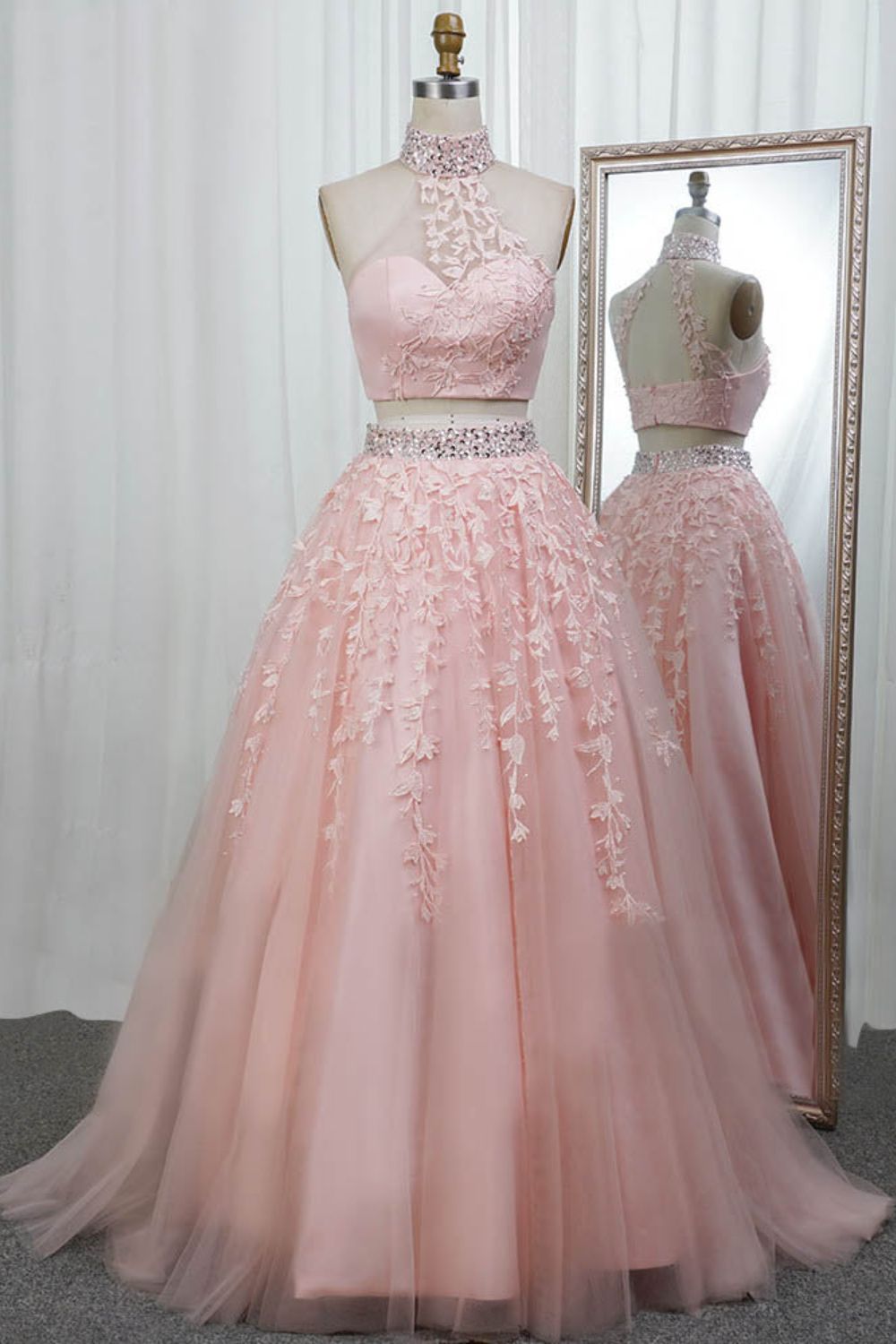 dressimeA Line Two Pieces High Neck Tulle Long Prom Dress With Beaded & Appliques