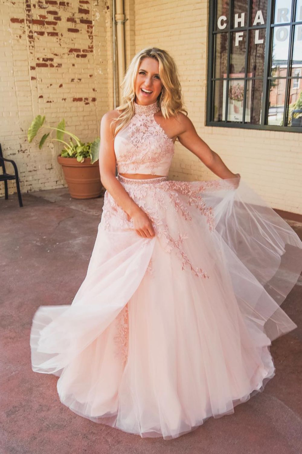 dressimeA Line Two Pieces High Neck Tulle Long Prom Dress With Beaded & Appliques