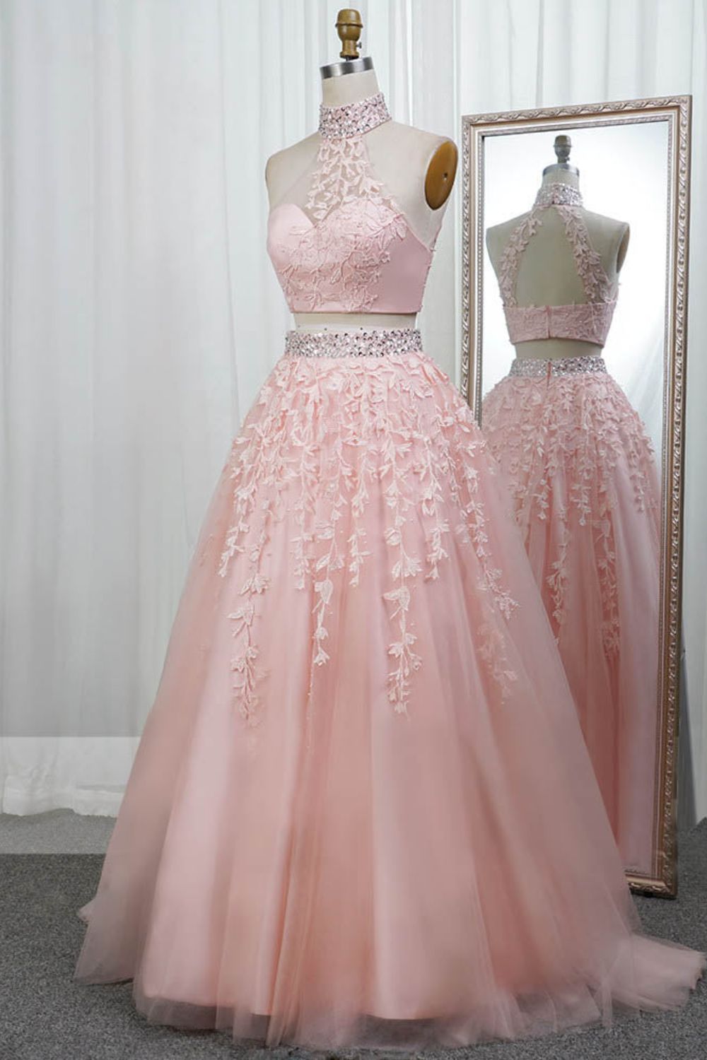 dressimeA Line Two Pieces High Neck Tulle Long Prom Dress With Beaded & Appliques