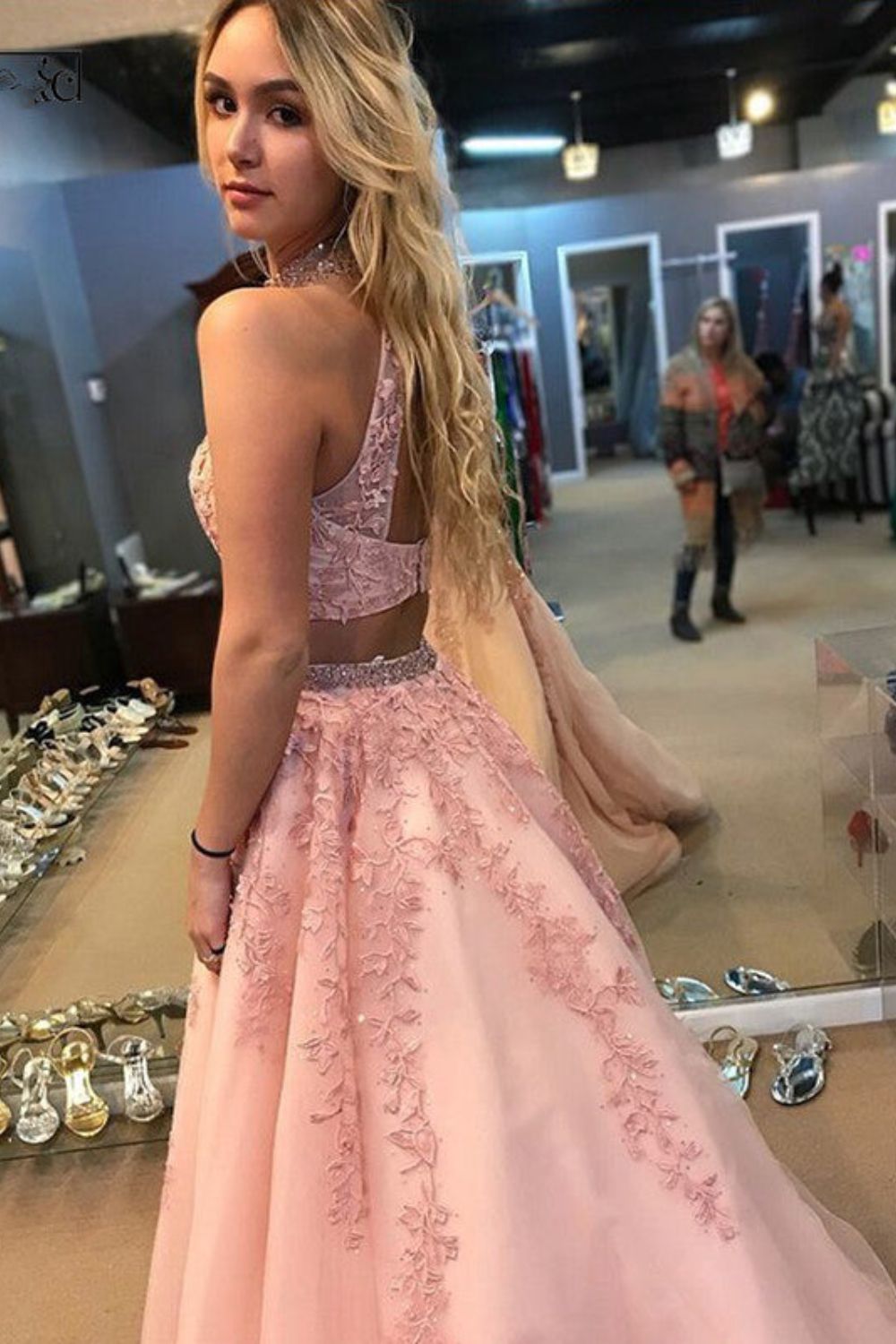 dressimeA Line Two Pieces High Neck Tulle Long Prom Dress With Beaded & Appliques