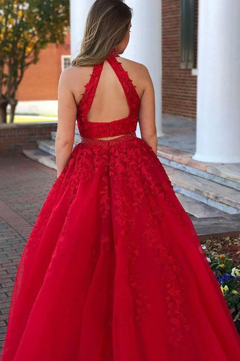 dressimeA Line Two Pieces High Neck Tulle Long Prom Dress With Beaded & Appliques