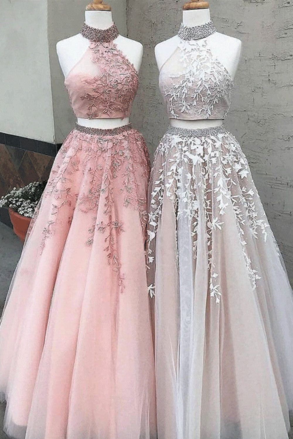 dressimeA Line Two Pieces High Neck Tulle Long Prom Dress With Beaded & Appliques