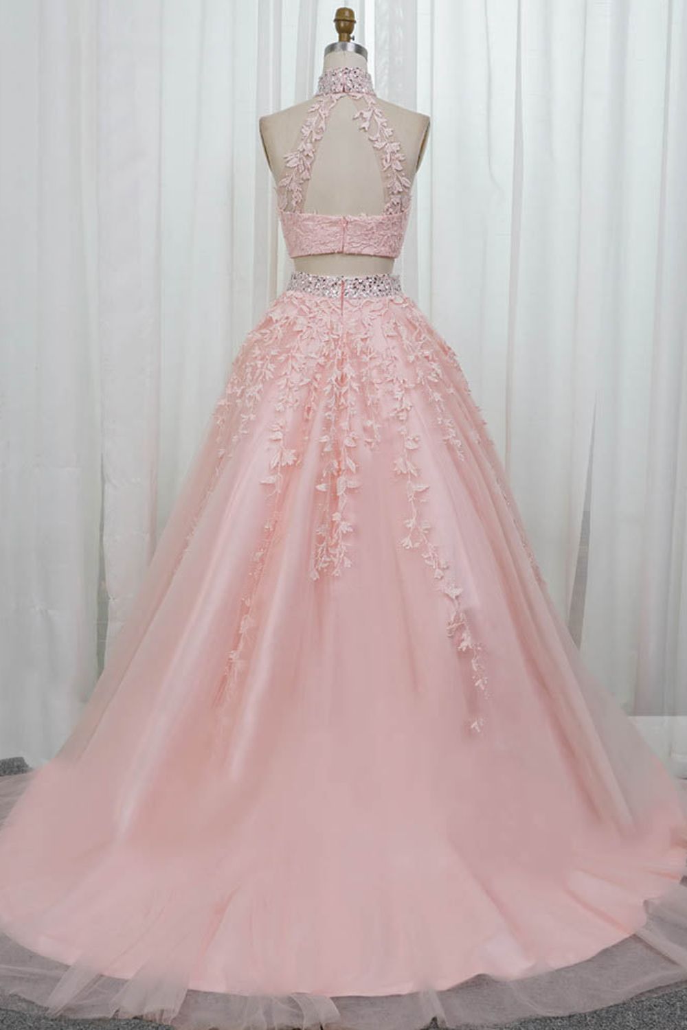dressimeA Line Two Pieces High Neck Tulle Long Prom Dress With Beaded & Appliques