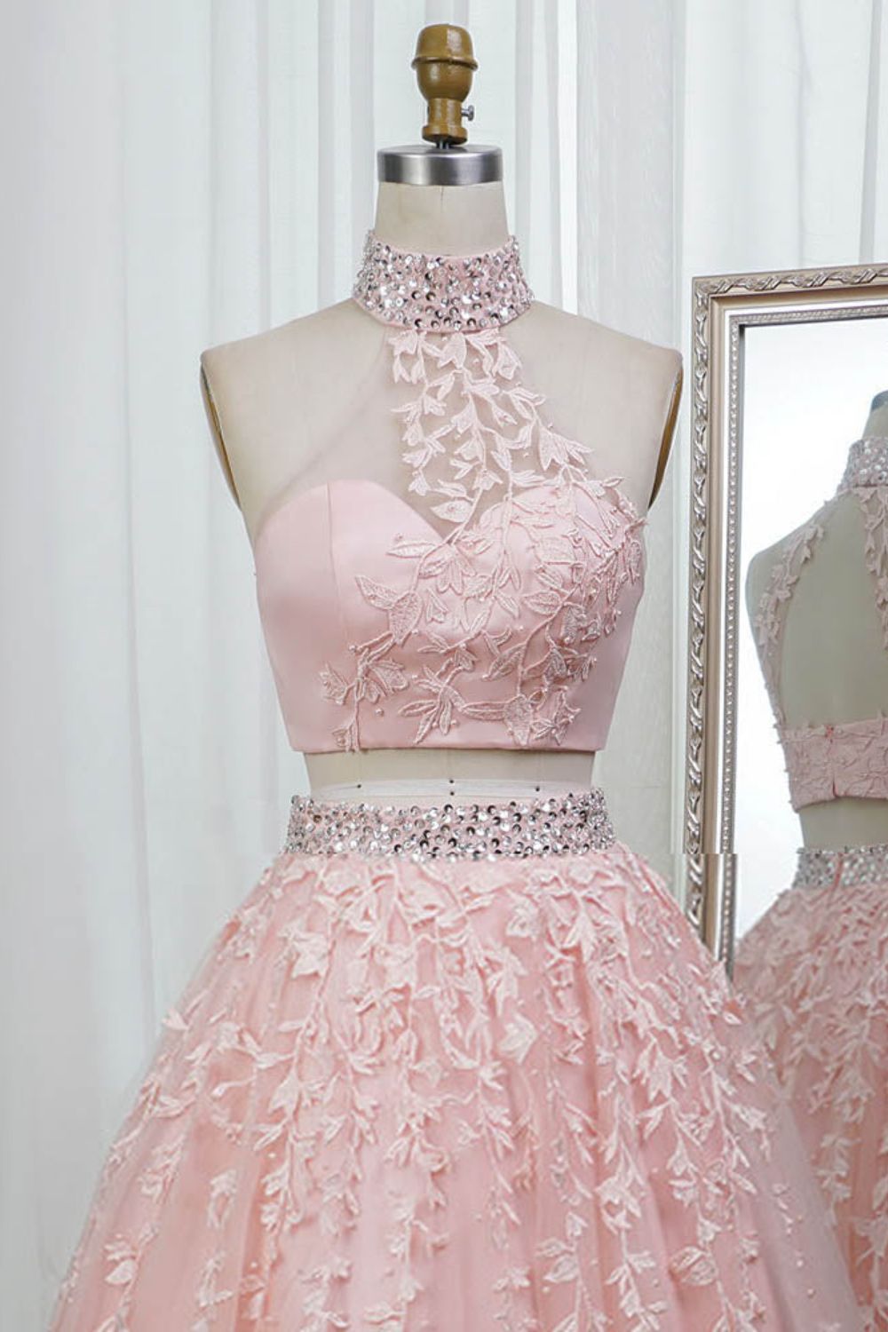 dressimeA Line Two Pieces High Neck Tulle Long Prom Dress With Beaded & Appliques