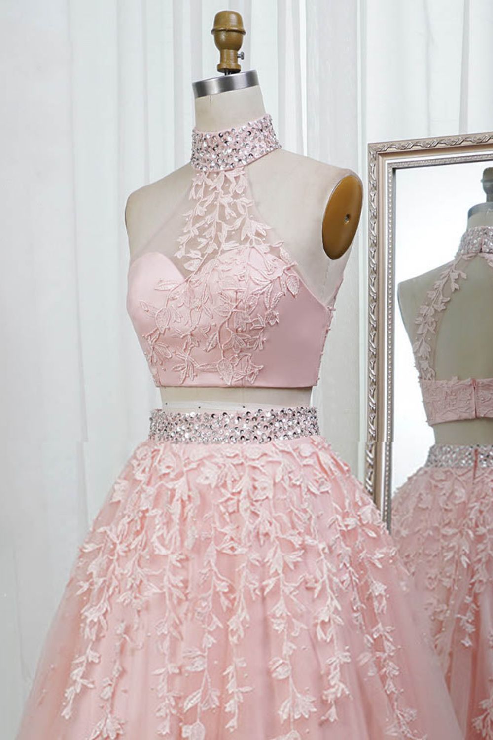 dressimeA Line Two Pieces High Neck Tulle Long Prom Dress With Beaded & Appliques