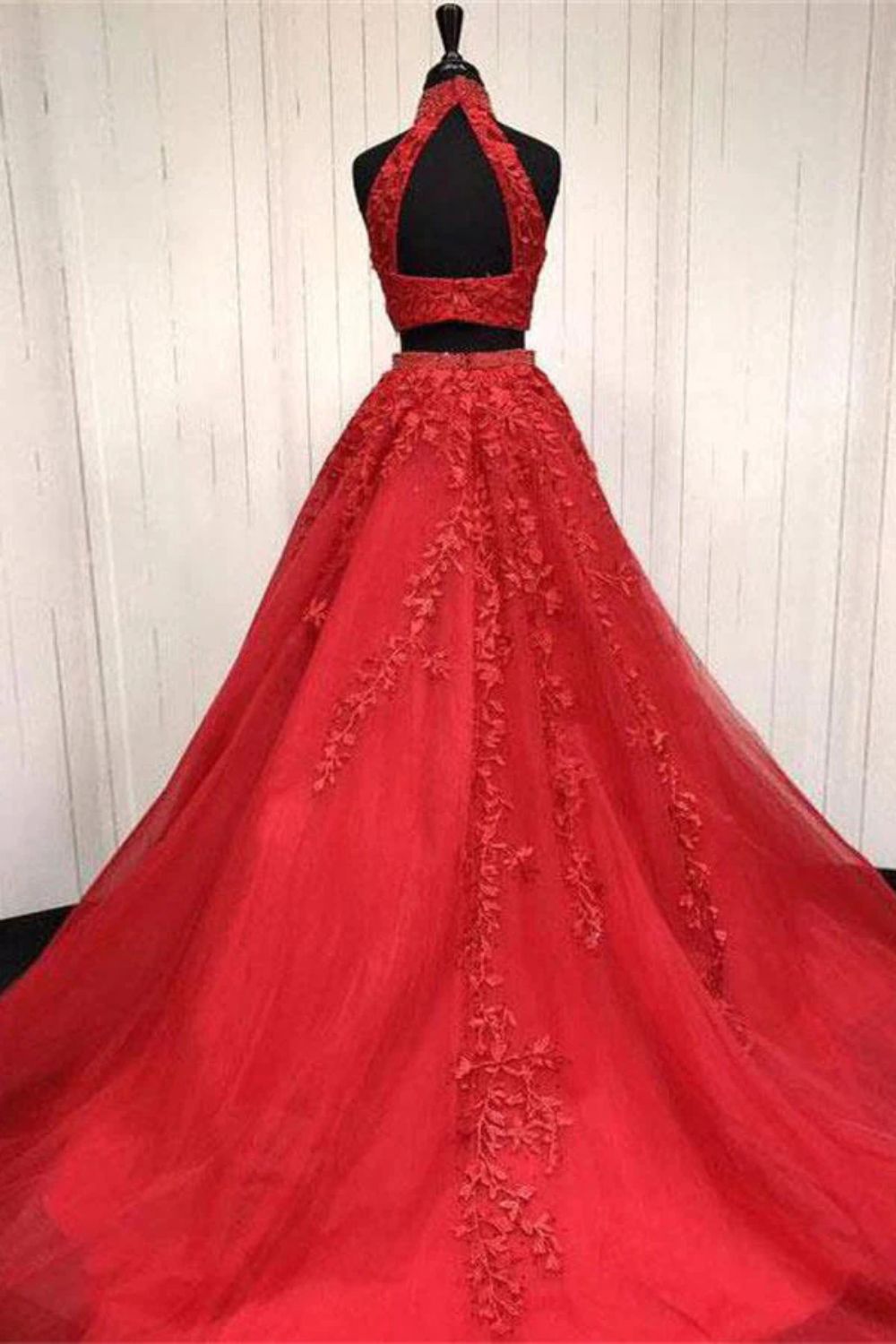 dressimeA Line Two Pieces High Neck Tulle Long Prom Dress With Beaded & Appliques