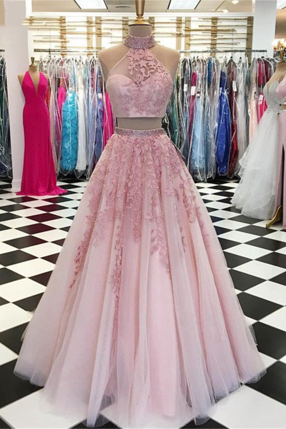 dressimeA Line Two Pieces High Neck Tulle Long Prom Dress With Beaded & Appliques