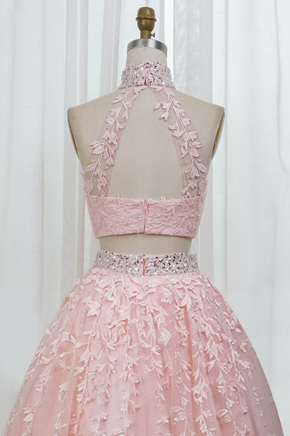 dressimeA Line Two Pieces High Neck Tulle Long Prom Dress With Beaded & Appliques