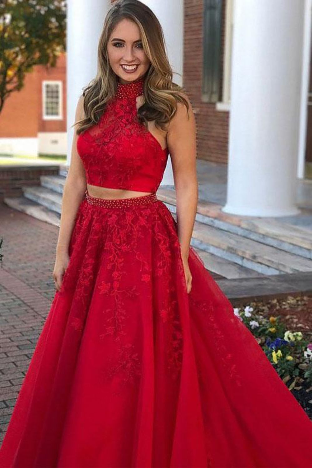 dressimeA Line Two Pieces High Neck Tulle Long Prom Dress With Beaded & Appliques