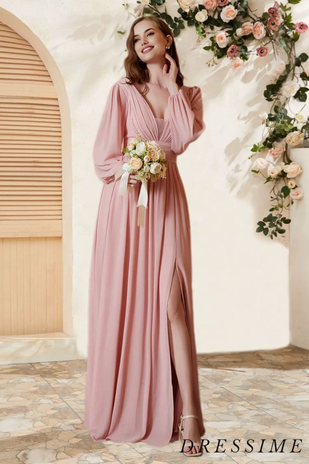 Dressime A Line V Neck Chiffon Long Sleeves Floor Length Bridesmaid Dress With Slit dressime