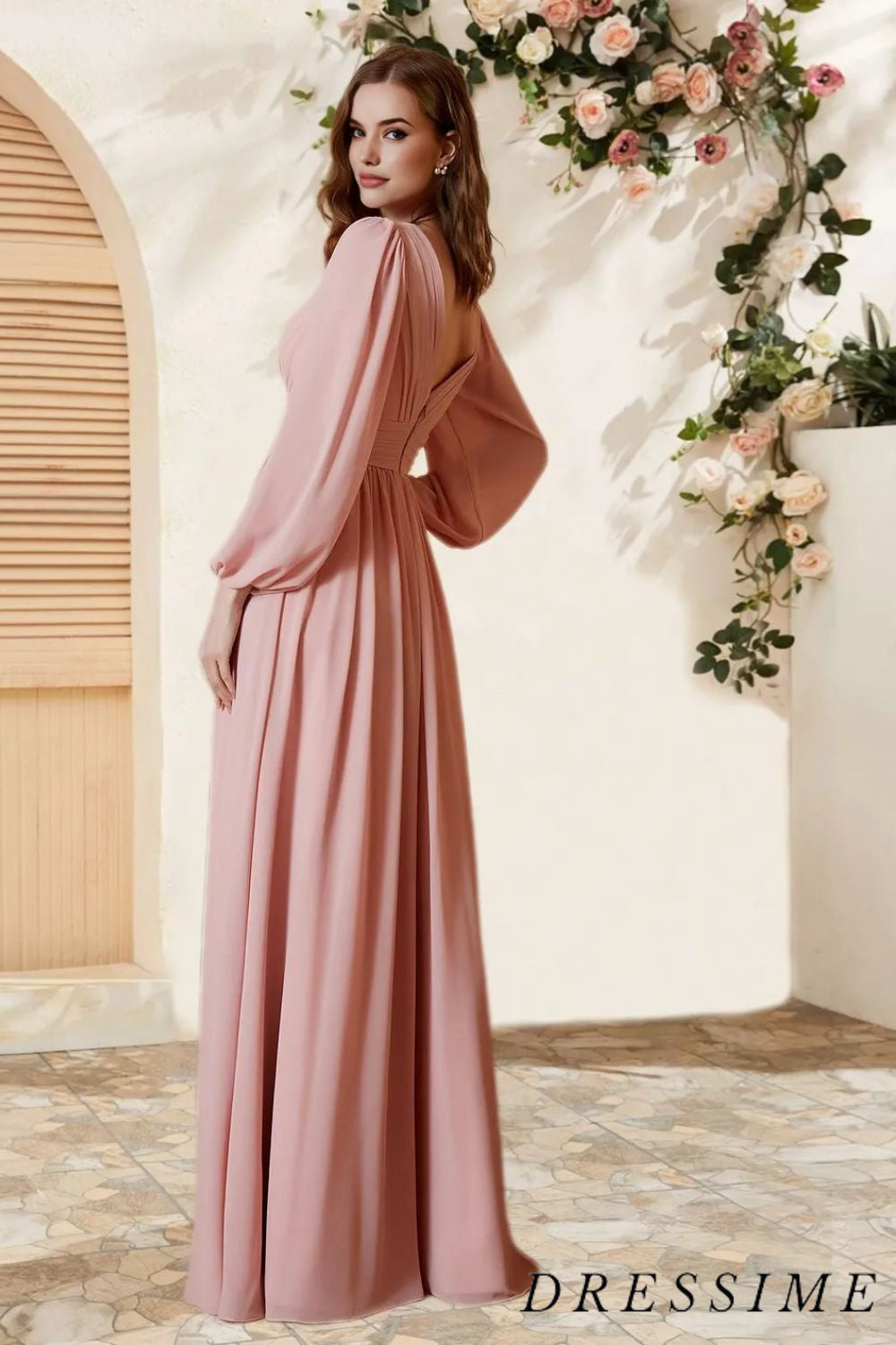 Dressime A Line V Neck Chiffon Long Sleeves Floor Length Bridesmaid Dress With Slit dressime