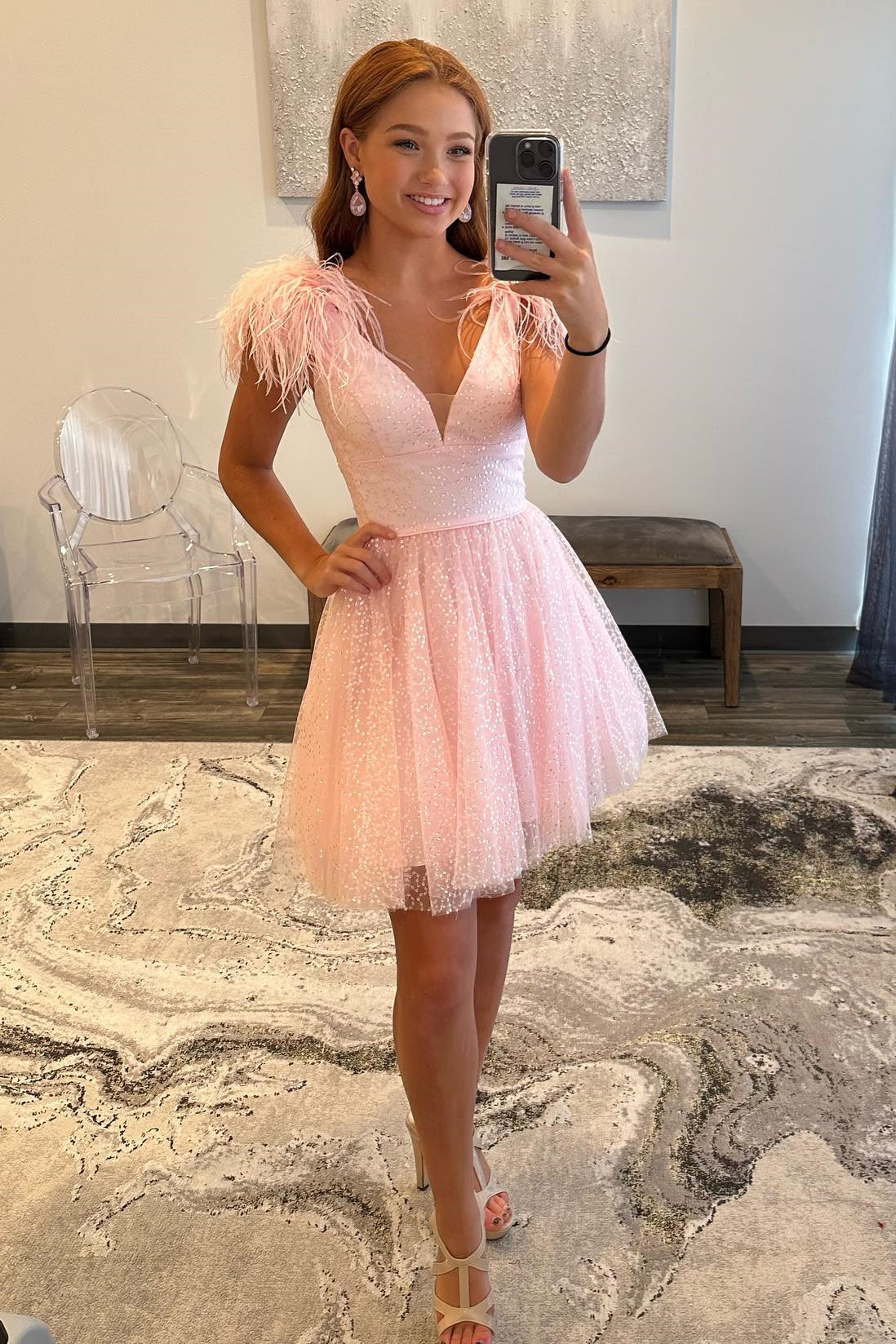 dressimeA Line V Neck Feather Homecoming Dress, Tulle Short Cocktail Dresses