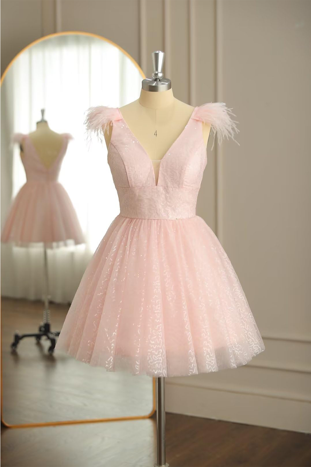 dressimeA Line V Neck Feather Homecoming Dress, Tulle Short Cocktail Dresses