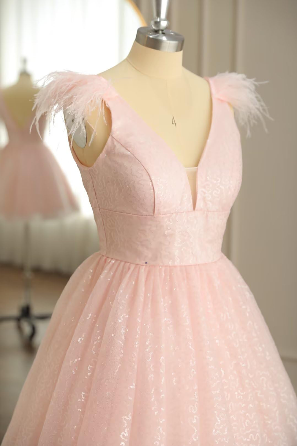 dressimeA Line V Neck Feather Homecoming Dress, Tulle Short Cocktail Dresses
