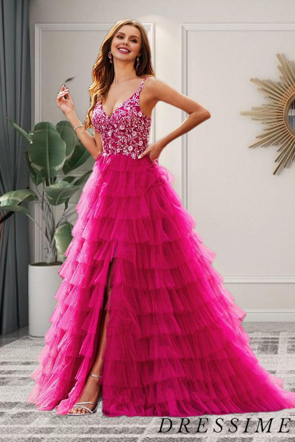 Dressime A Line V Neck Lace Appliques Ruffle Tiered Long Prom Dresses dressime Dressime A Line V Neck Lace Appliques Ruffle Tiered Long Prom Dresses dressime