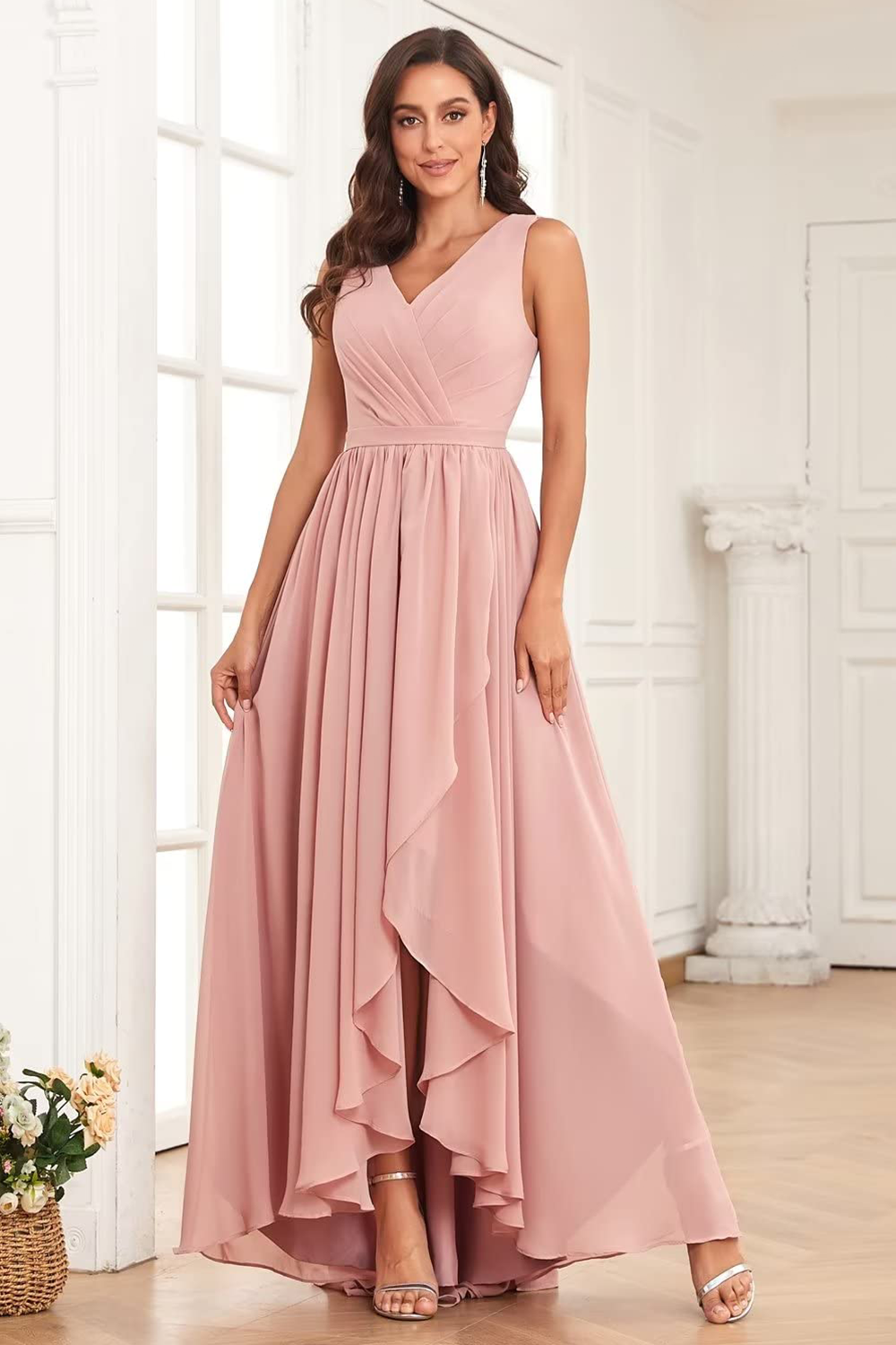 Dressime A Line V Neck Pleated High Low Chiffon Bridesmaid Dresses dressime Dressime A Line V Neck Pleated High Low Chiffon Bridesmaid Dresses dressime