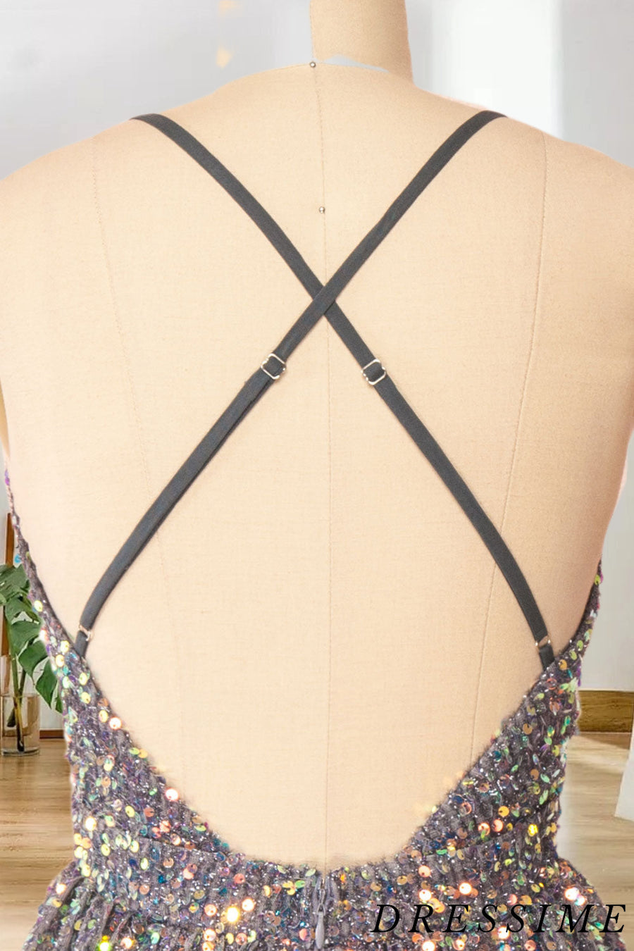 Dressime A Line V Neck Spaghetti Strap Sequin Short/Mini Homecoming Dress dressime