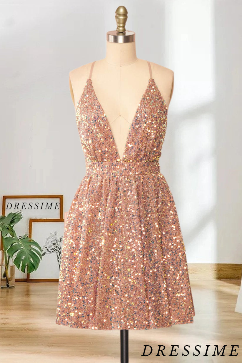 Dressime A Line V Neck Spaghetti Strap Sequin Short/Mini Homecoming Dress dressime