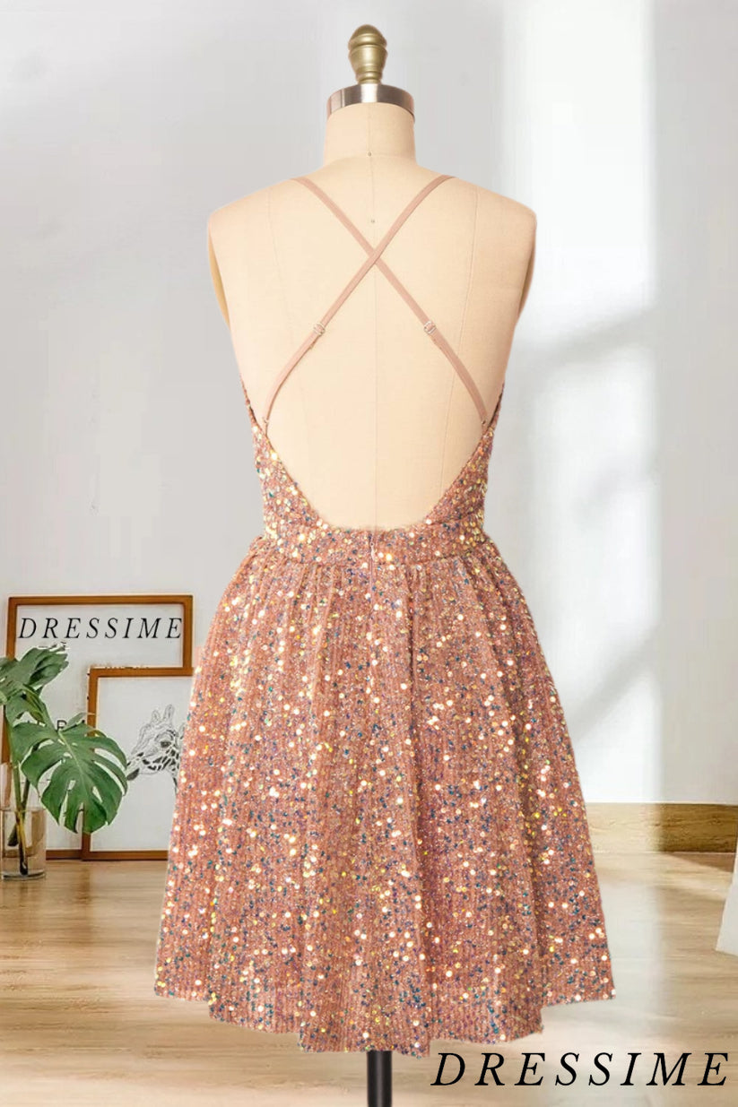 Dressime A Line V Neck Spaghetti Strap Sequin Short/Mini Homecoming Dress dressime