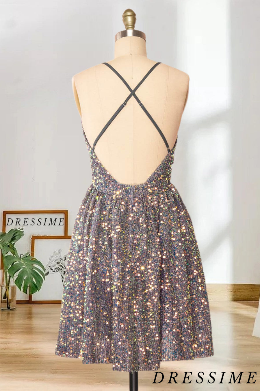 Dressime A Line V Neck Spaghetti Strap Sequin Short/Mini Homecoming Dress dressime