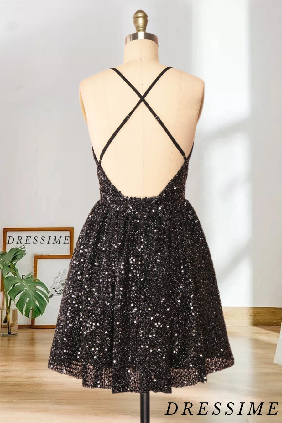 Dressime A Line V Neck Spaghetti Strap Sequin Short/Mini Homecoming Dress dressime