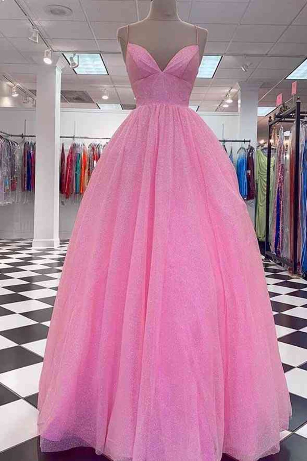 Dressime A Line V Neck Spaghetti Straps Tulle Long Prom Dress dressime