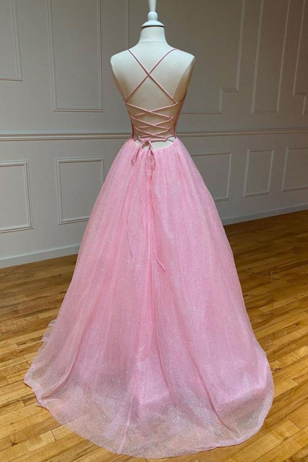 Dressime A Line V Neck Spaghetti Straps Tulle Long Prom Dress dressime