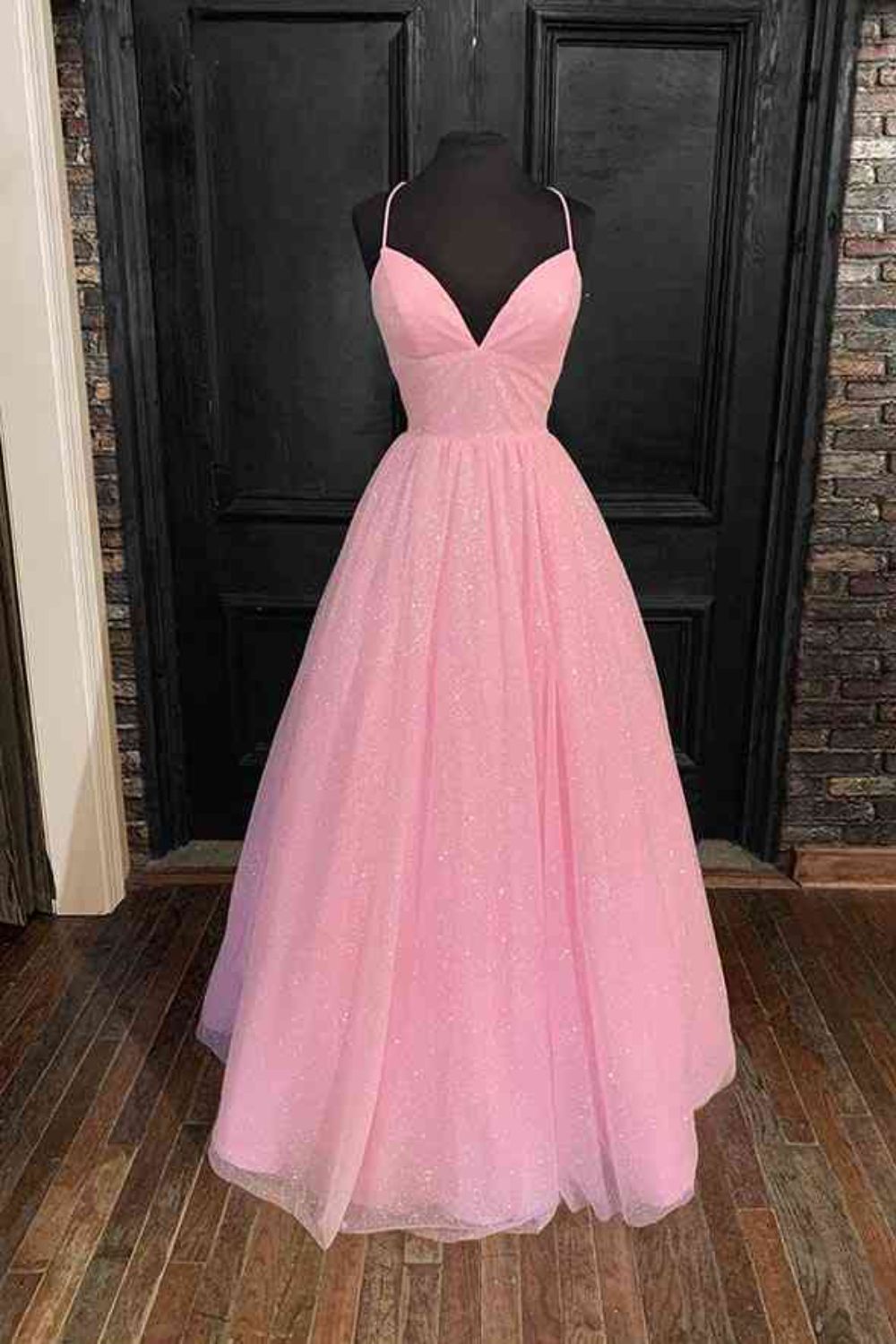 Dressime A Line V Neck Spaghetti Straps Tulle Long Prom Dress dressime