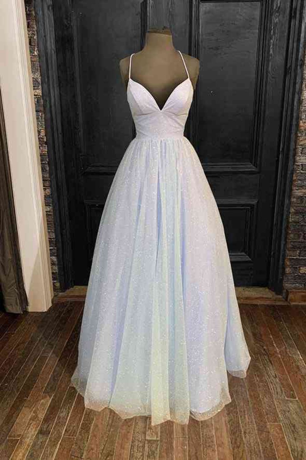 Dressime A Line V Neck Spaghetti Straps Tulle Long Prom Dress dressime