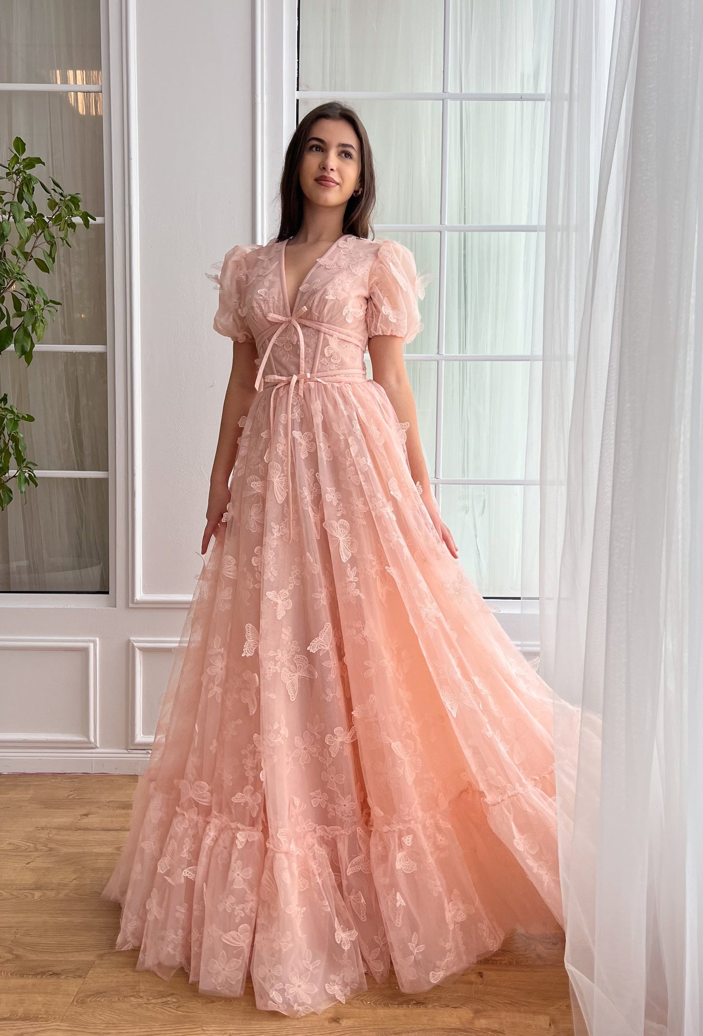 Dressime A Line V Neck Tulle Long Party Dress With Butterfly dressime