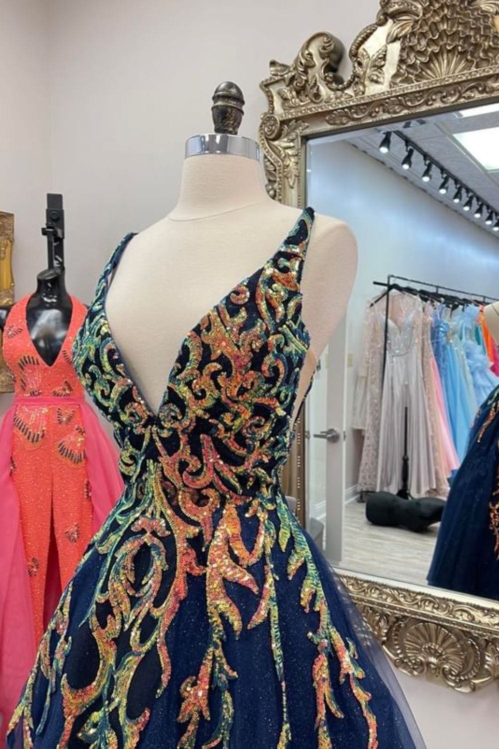 Dressime A Line V Neck Tulle Long Prom Dress With Sequin Appliques dressime