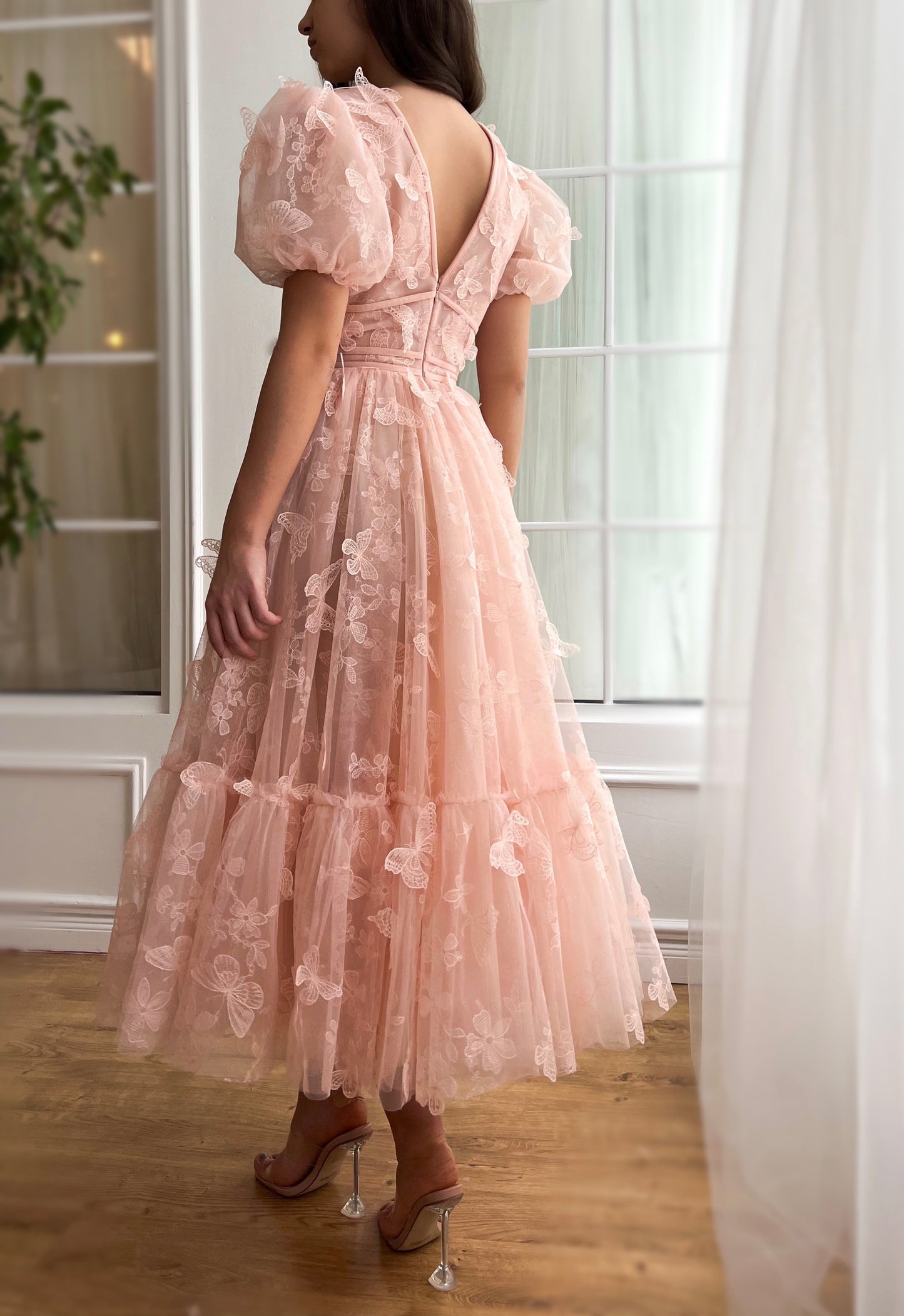 Dressime A Line V Neck Tulle Midi Party Dress With Butterfly dressime