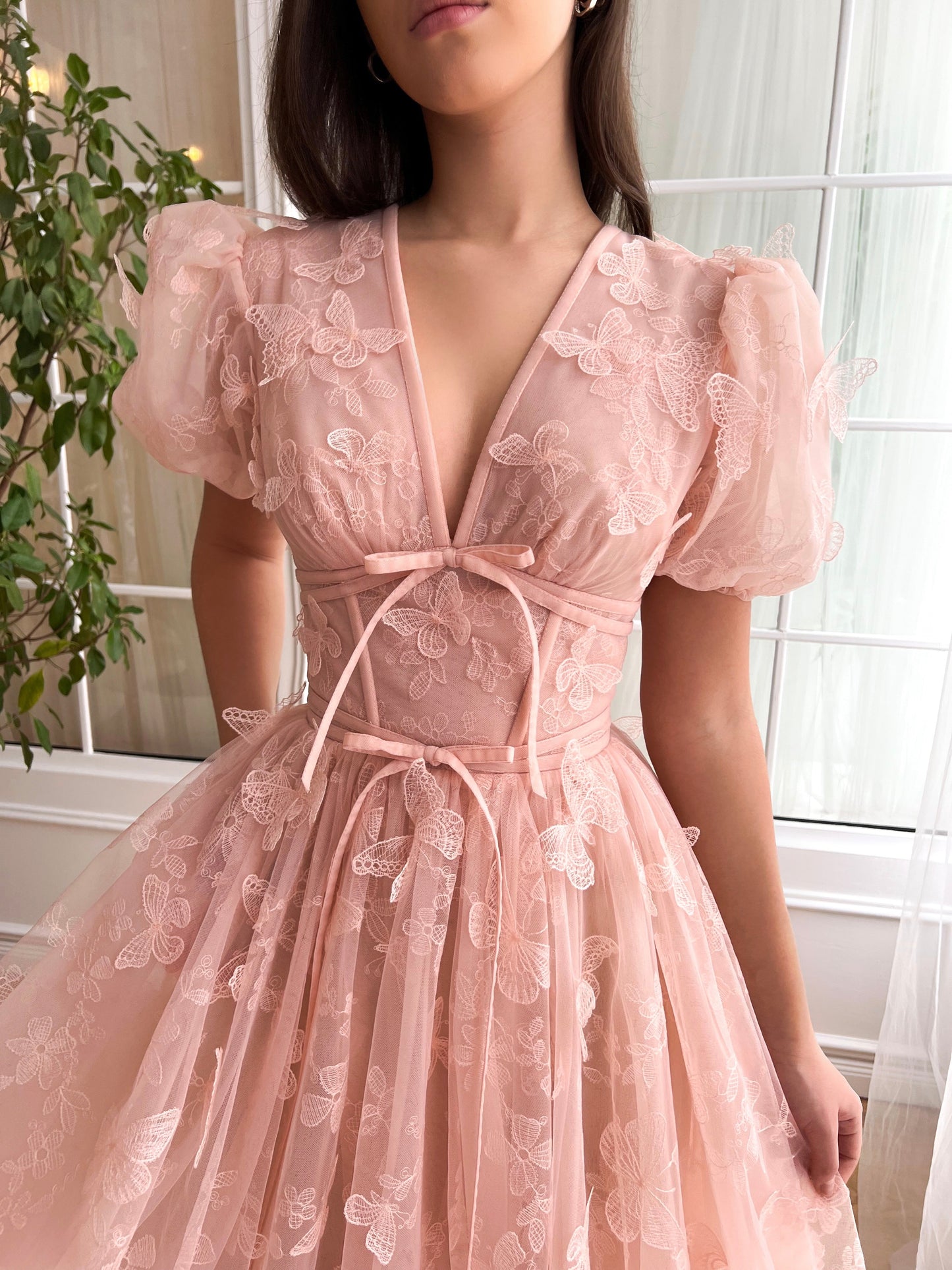 Dressime A Line V Neck Tulle Midi Party Dress With Butterfly dressime