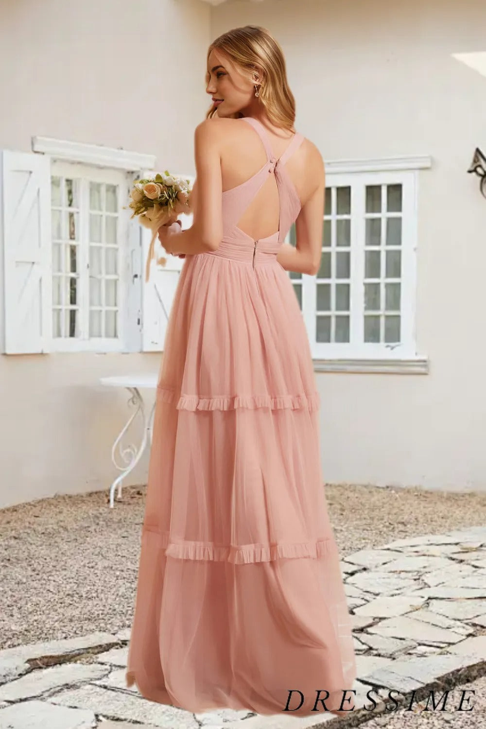 Dressime A Line V Neck Tulle Pleated Floor Length Bridesmaid Dress With Ruffle dressime