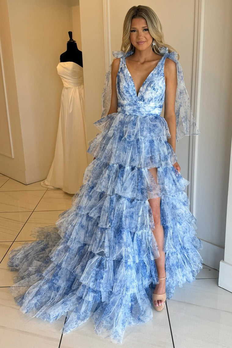 Dressime A Line V Neck Tulle Print Plunge V Ruffle Tiered Long Prom Dress dressime