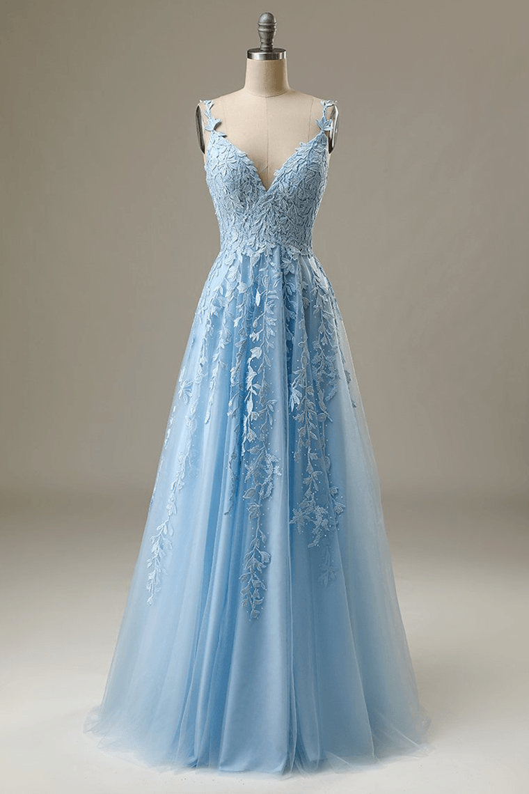 dressimeA Line V Neck Tulle Prom Dresses Lace Appliques Evening Dresses