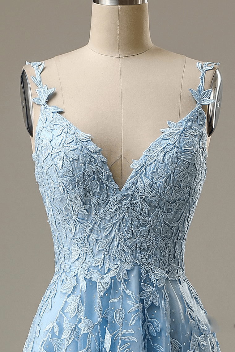 dressimeA Line V Neck Tulle Prom Dresses Lace Appliques Evening Dresses