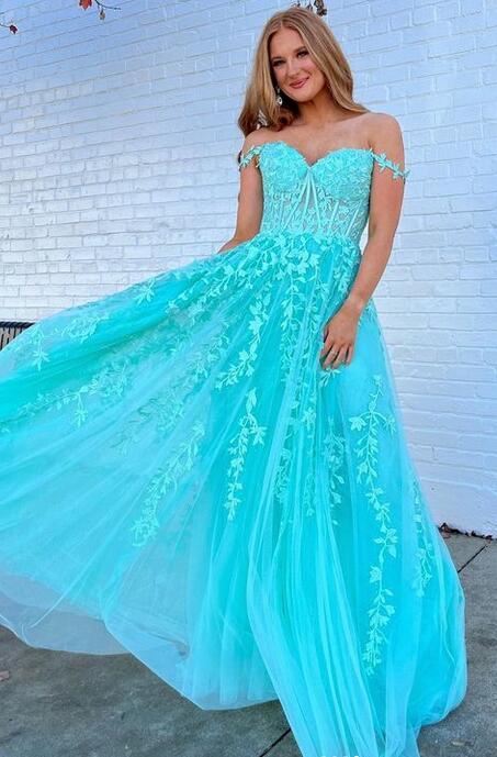 dressimeA Line V Neck Tulle Prom Dresses Lace Appliques Evening Dresses