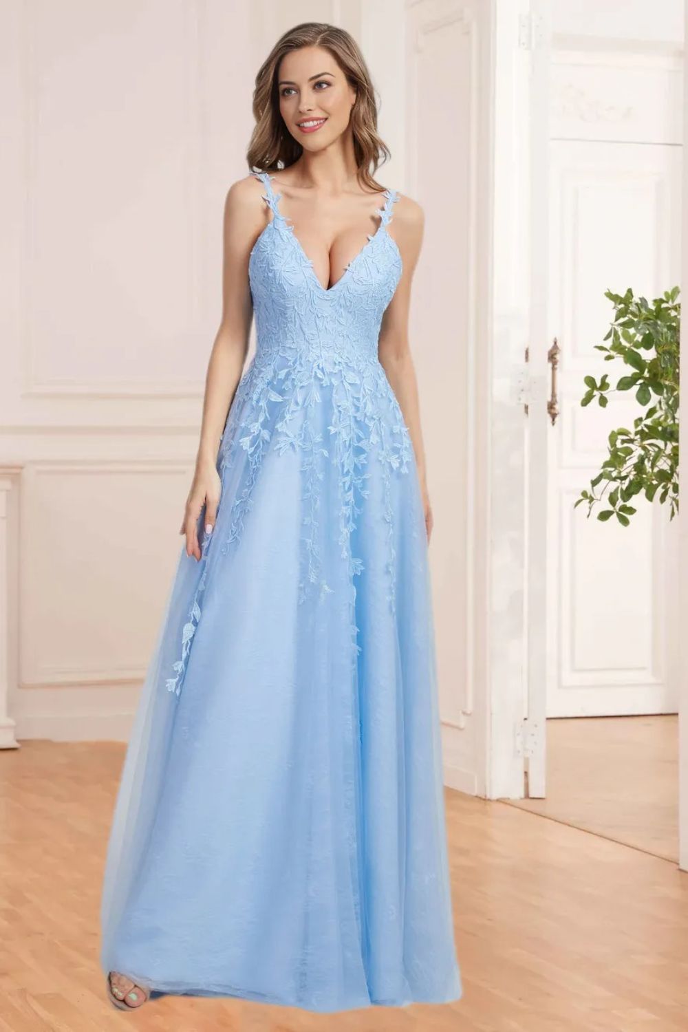 Dressime A Line V Neck Tulle Prom Dresses Lace Appliques Evening Dress dressime Dressime A Line V Neck Tulle Prom Dresses Lace Appliques Evening Dress dressime