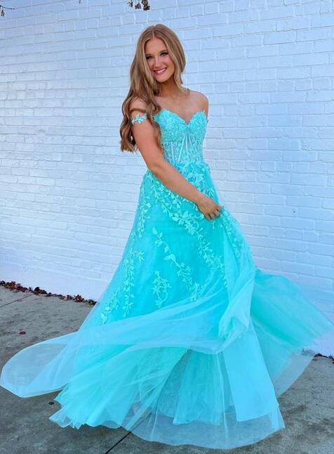 dressimeA Line V Neck Tulle Prom Dresses Lace Appliques Evening Dresses