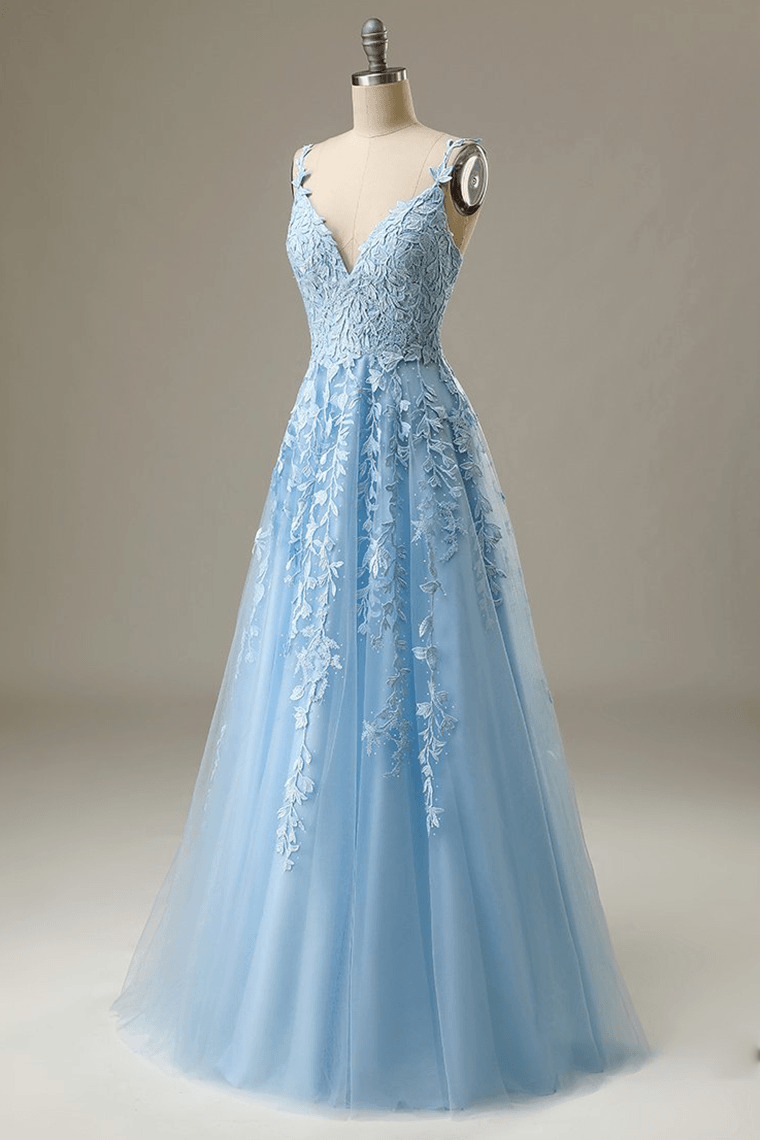 dressimeA Line V Neck Tulle Prom Dresses Lace Appliques Evening Dresses