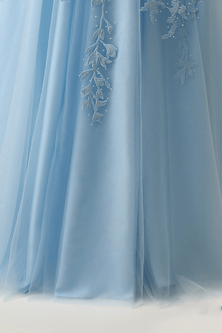 dressimeA Line V Neck Tulle Prom Dresses Lace Appliques Evening Dresses