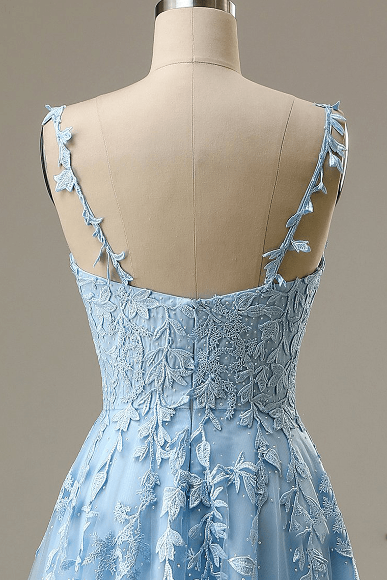 dressimeA Line V Neck Tulle Prom Dresses Lace Appliques Evening Dresses