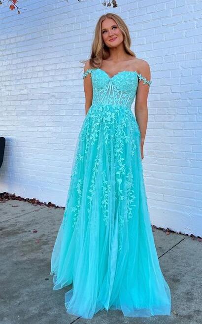 dressimeA Line V Neck Tulle Prom Dresses Lace Appliques Evening Dresses