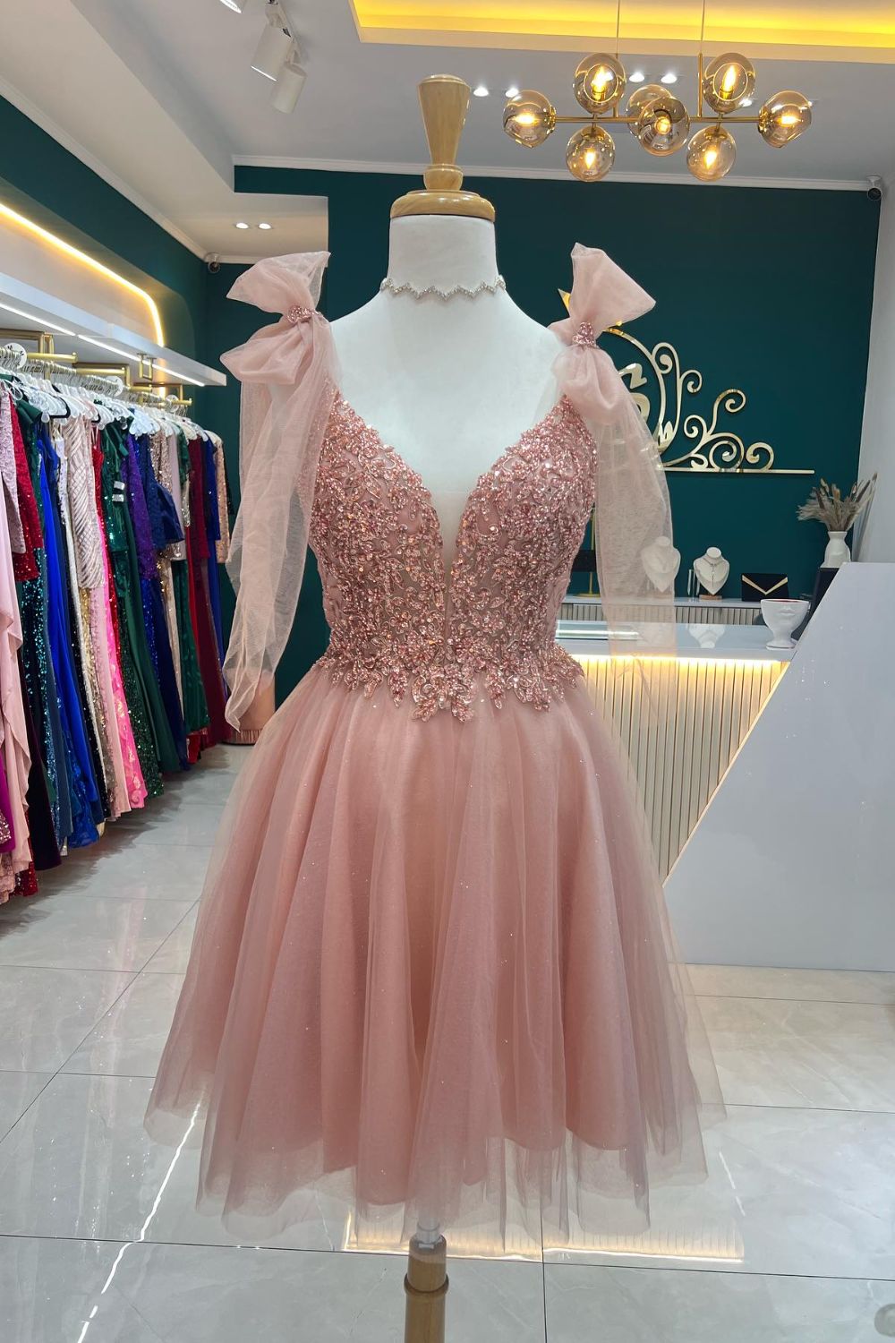 Dressime A Line V Neck Tulle Short/Mini Homecoming Dresses With Beaded dressime Dressime A Line V Neck Tulle Short/Mini Homecoming Dresses With Beaded dressime